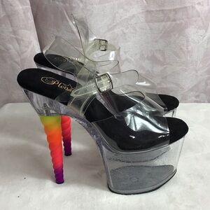 Pleaser Women's Clear and Black Platform Heels with Rainbow Heel